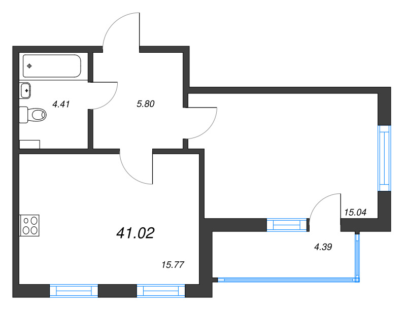2-комнатная (Евро) квартира, 41.02 м² - планировка, фото №1