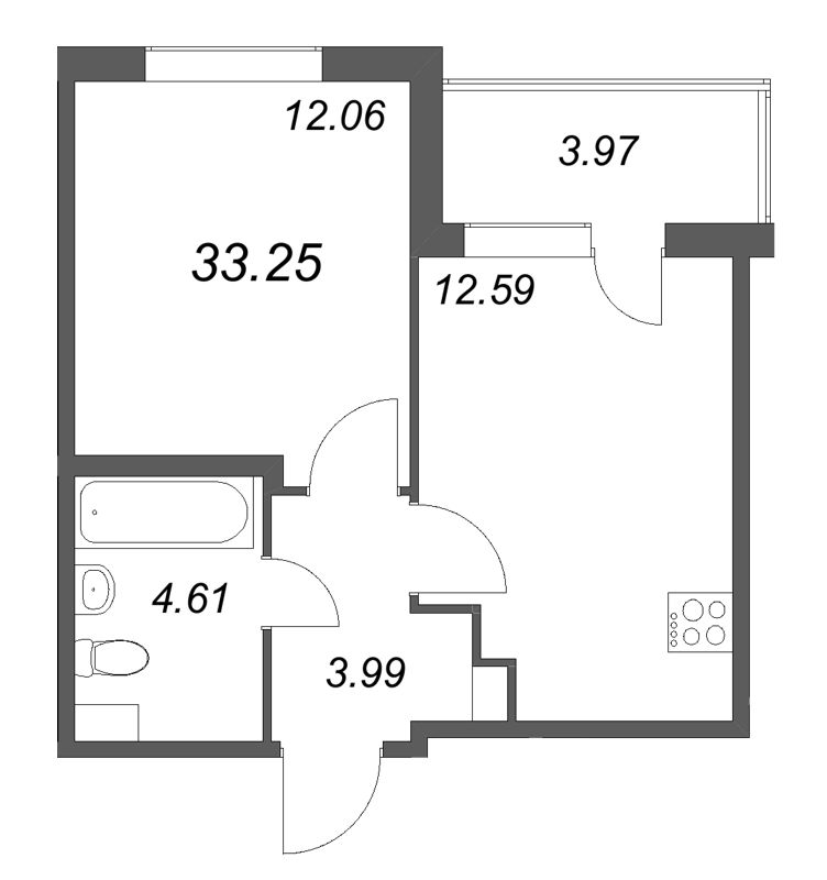 1-комнатная квартира, 33.25 м² в ЖК "ЮгТаун" - планировка, фото №1