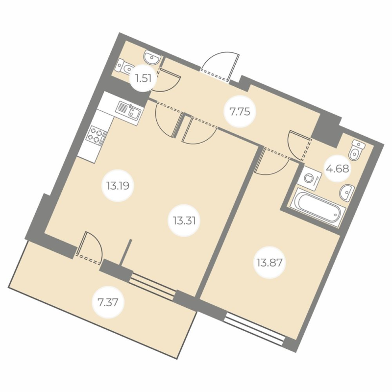2-комнатная (Евро) квартира, 56.52 м² - планировка, фото №1
