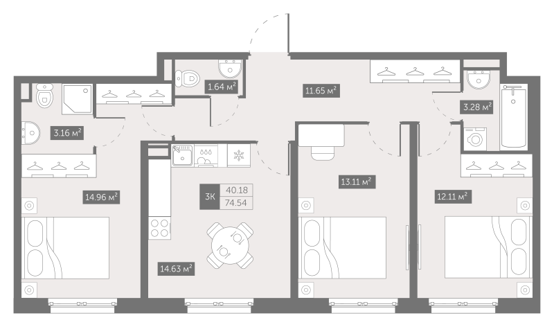 3-комнатная квартира, 74.5 м² в ЖК "Зум на Неве" - планировка, фото №1