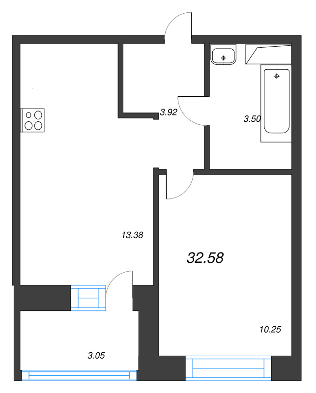 1-комнатная квартира, 32.58 м² в ЖК "Уютный" - планировка, фото №1