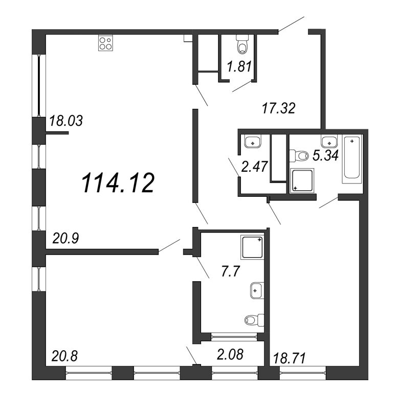 3-комнатная квартира, 114.12 м² - планировка, фото №1