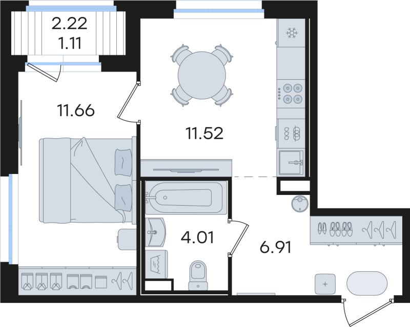 1-комнатная квартира, 35.21 м² в ЖК "Романовка" - планировка, фото №1