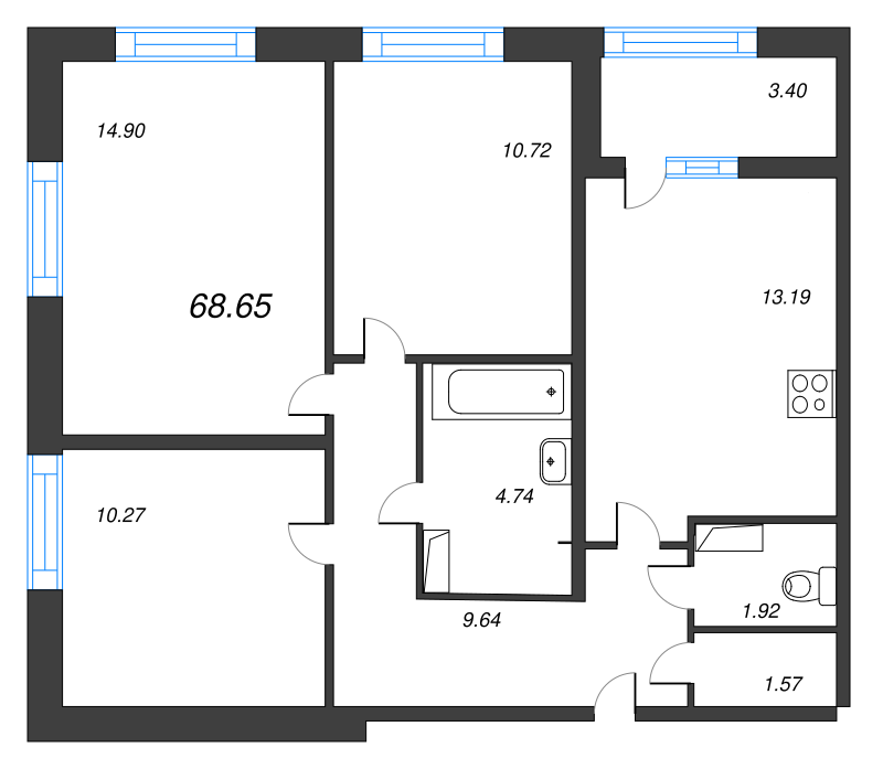 3-комнатная квартира, 68.2 м² - планировка, фото №1