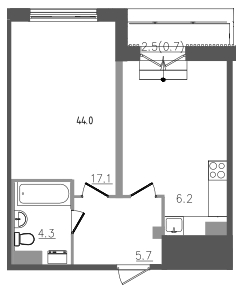 1-комнатная квартира, 44 м² - планировка, фото №1