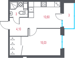 1-комнатная квартира, 34.23 м² - планировка, фото №1