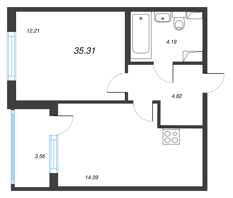 1-комнатная квартира, 35.31 м² - планировка, фото №1