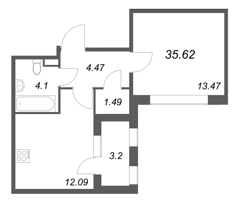 1-комнатная квартира, 35.62 м² в ЖК "Дубровский" - планировка, фото №1