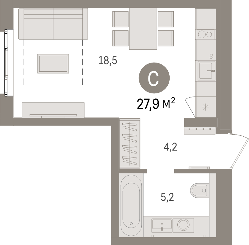 Квартира-студия, 27.9 м² в ЖК "Брусника в Новоселье" - планировка, фото №1