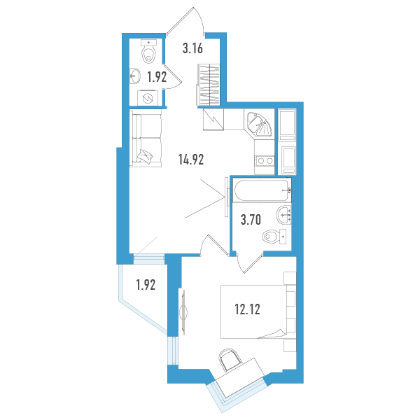 1-комнатная квартира, 36.78 м² - планировка, фото №1