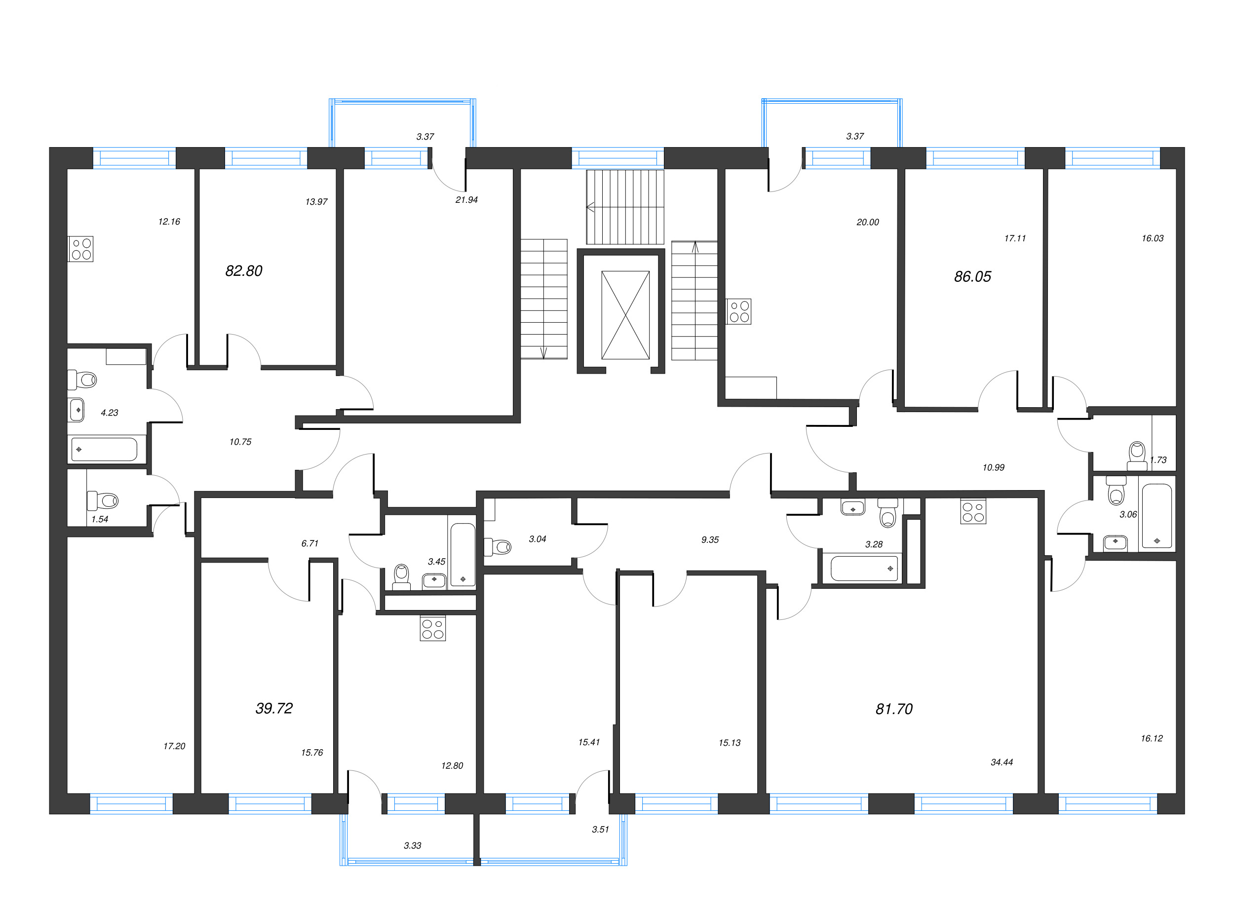 3-комнатная (Евро) квартира, 80.65 м² - планировка этажа