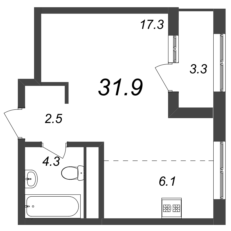 Квартира-студия, 32.1 м² в ЖК "Галактика" - планировка, фото №1