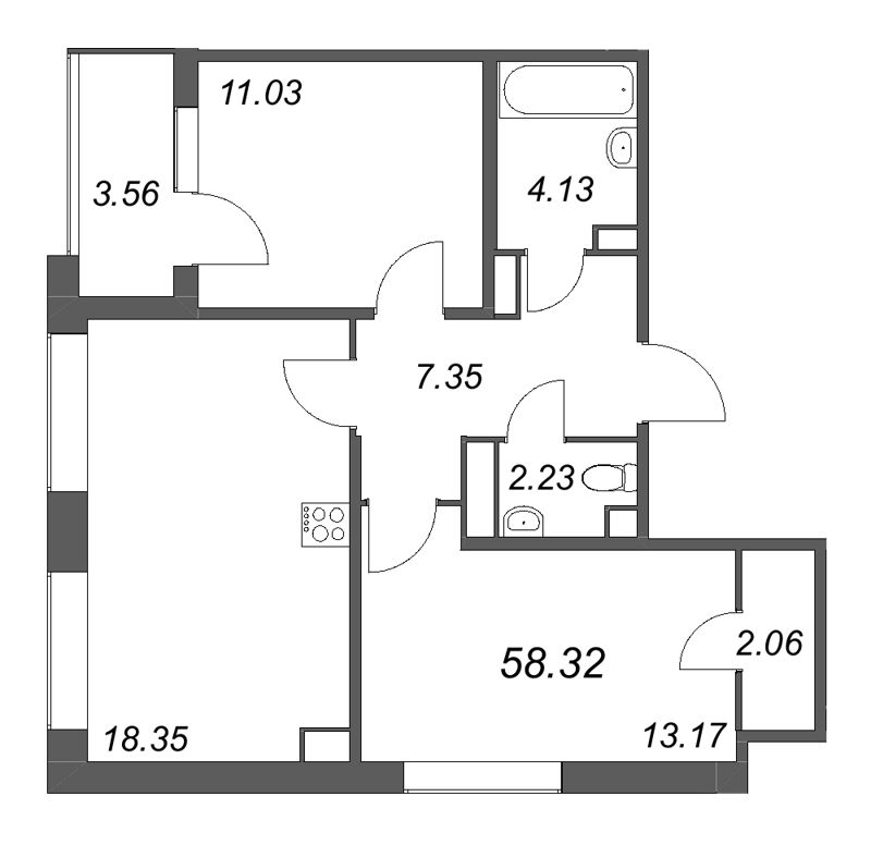 3-комнатная (Евро) квартира, 58.32 м² в ЖК "Дом на Курской" - планировка, фото №1