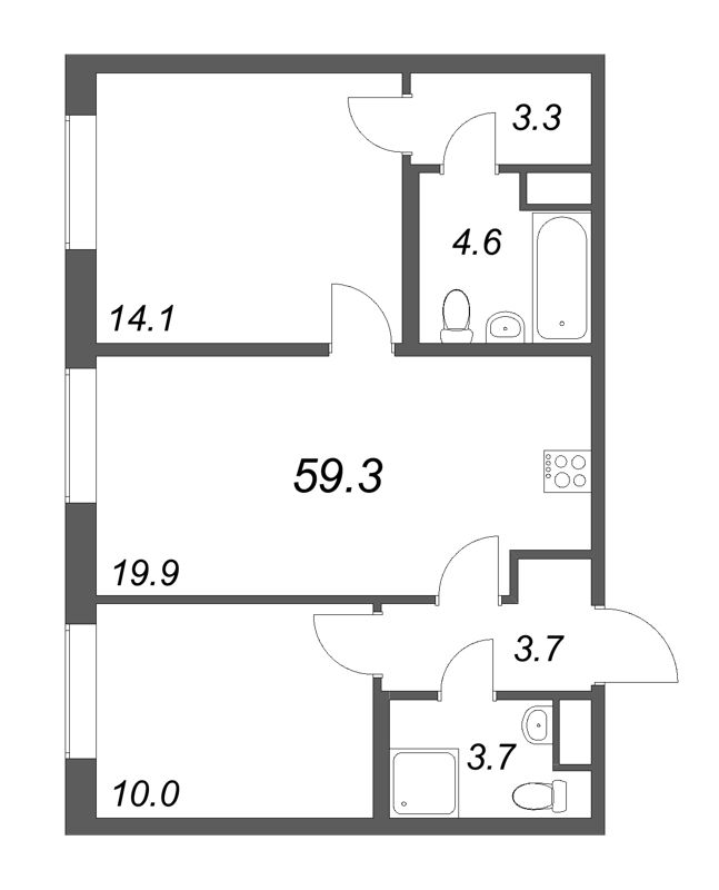 3-комнатная (Евро) квартира, 59.3 м² - планировка, фото №1