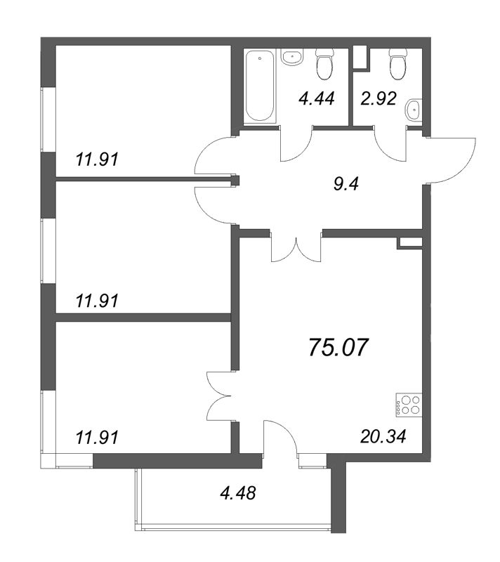 4-комнатная (Евро) квартира, 75.07 м² в ЖК "Новая история" - планировка, фото №1