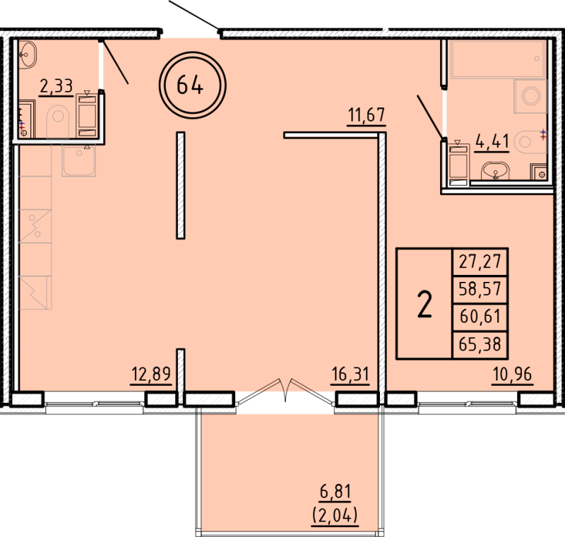 2-комнатная квартира, 58.57 м² в ЖК "Образцовый квартал 16" - планировка, фото №1