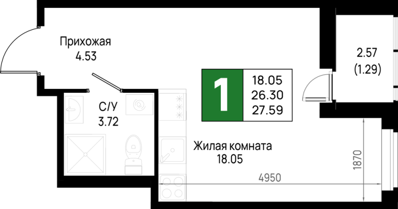 Квартира-студия, 27.59 м² в ЖК "Имена" - планировка, фото №1