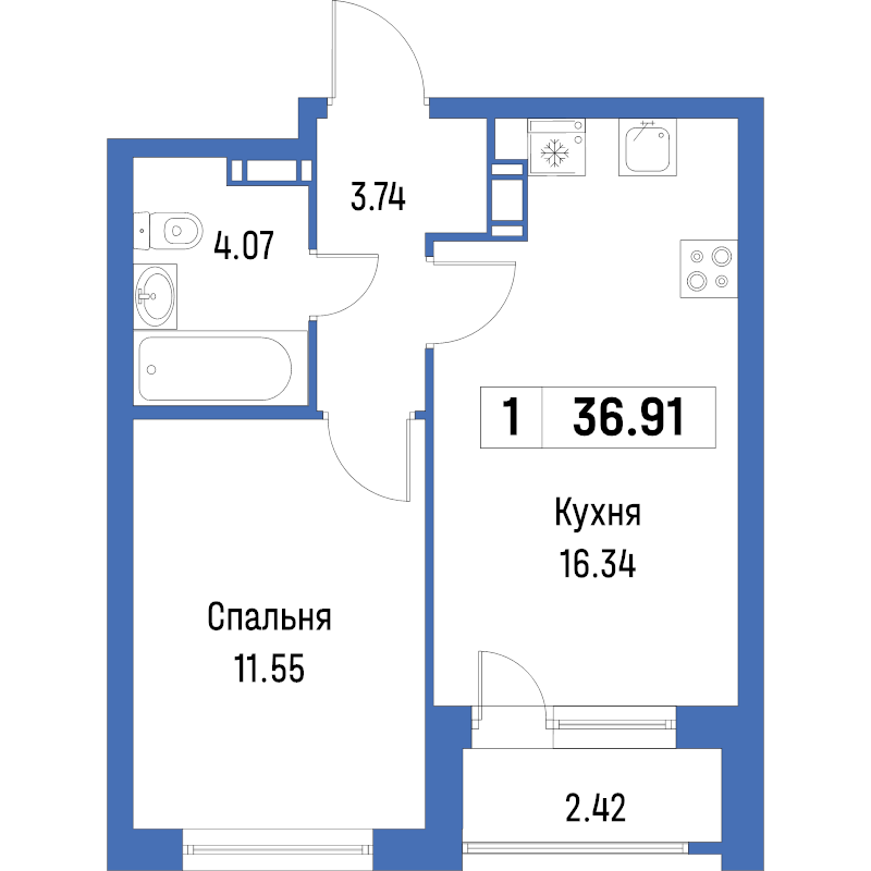 2-комнатная (Евро) квартира, 36.91 м² - планировка, фото №1