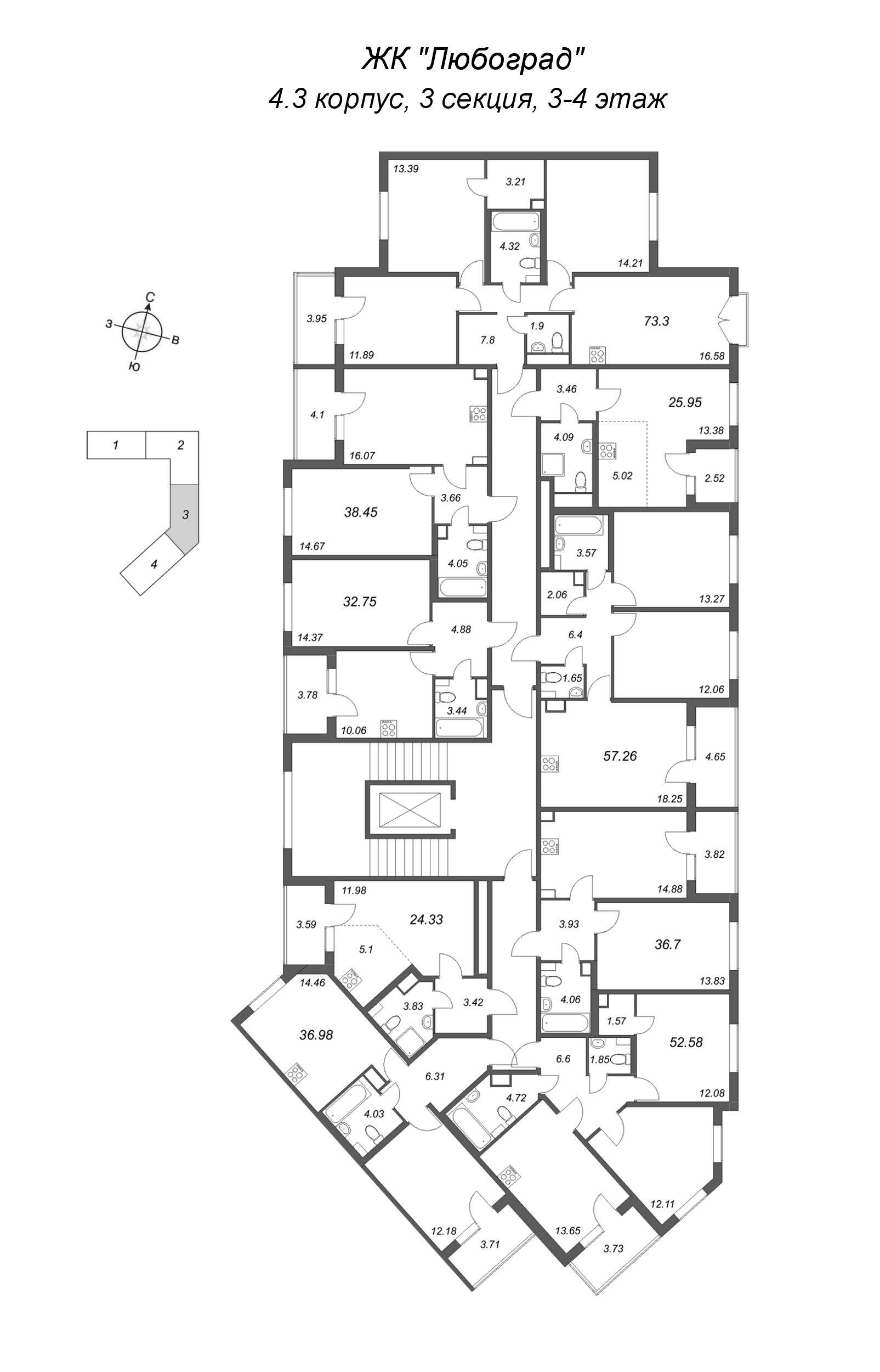 1-комнатная квартира, 32.75 м² в ЖК "Любоград" - планировка этажа