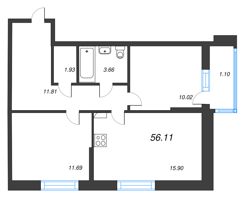 3-комнатная (Евро) квартира, 56.11 м² - планировка, фото №1