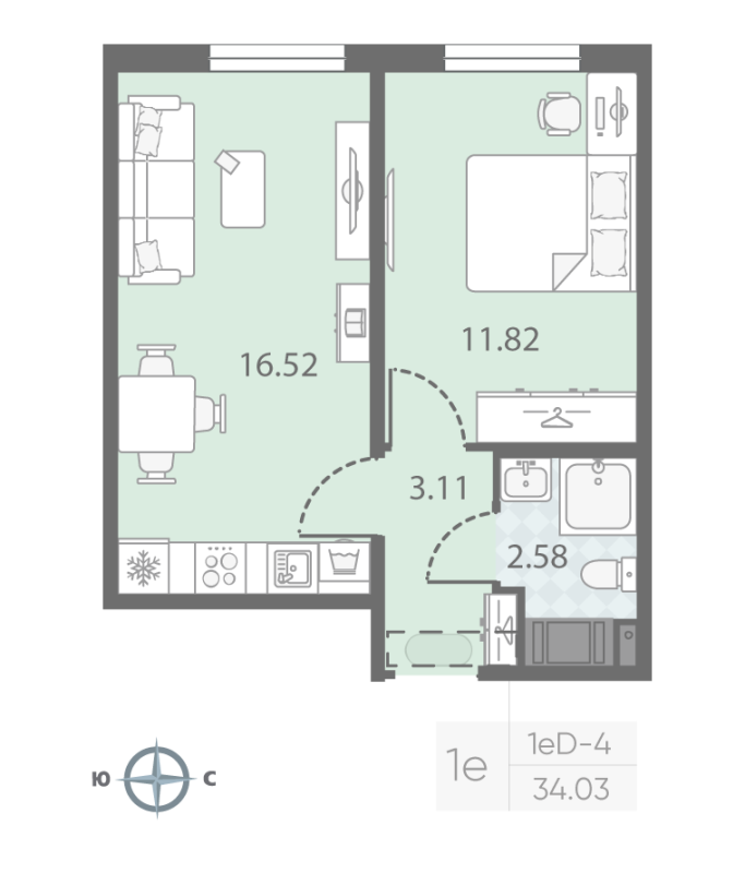 2-комнатная (Евро) квартира, 34.03 м² - планировка, фото №1