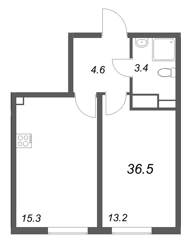 2-комнатная (Евро) квартира, 36.5 м² в ЖК "Октябрьская набережная" - планировка, фото №1
