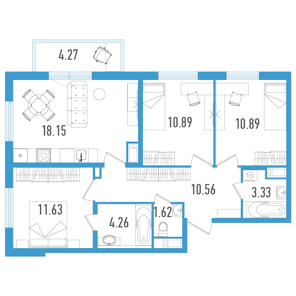 4-комнатная (Евро) квартира, 72.61 м² в ЖК "AEROCITY" - планировка, фото №1