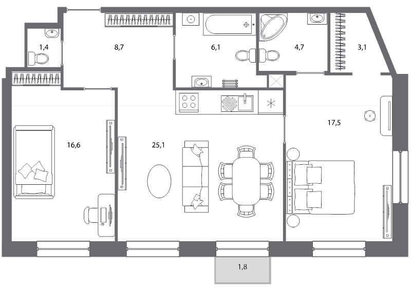 3-комнатная (Евро) квартира, 83.7 м² - планировка, фото №1