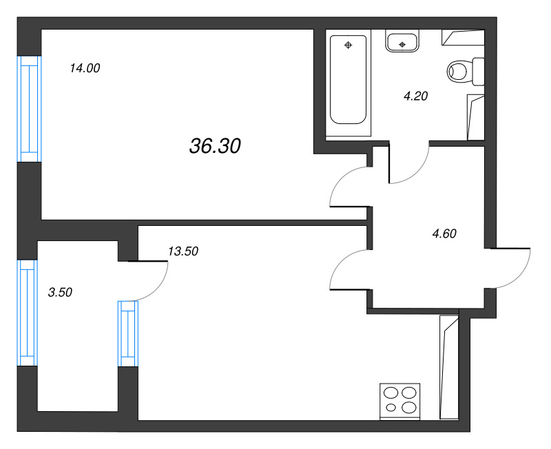 1-комнатная квартира, 36.3 м² в ЖК "Дубровский" - планировка, фото №1