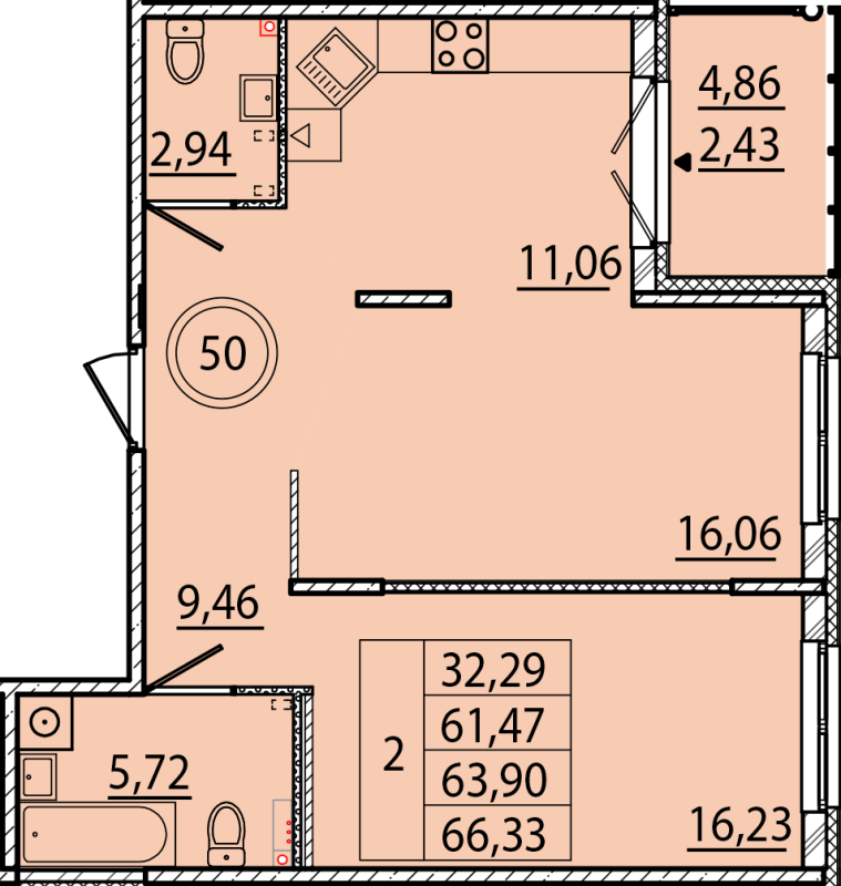 2-комнатная квартира, 61.47 м² - планировка, фото №1