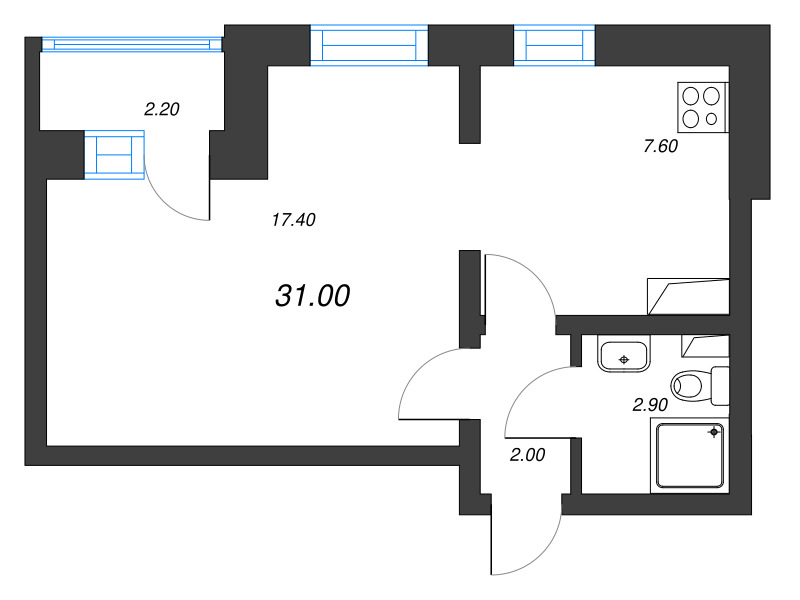 1-комнатная квартира, 31 м² - планировка, фото №1