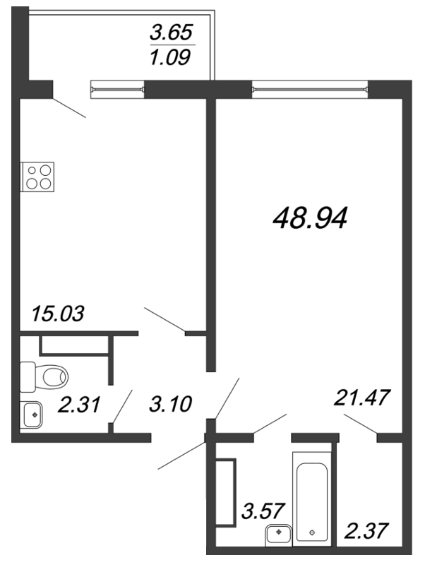 1-комнатная квартира, 48.4 м² - планировка, фото №1