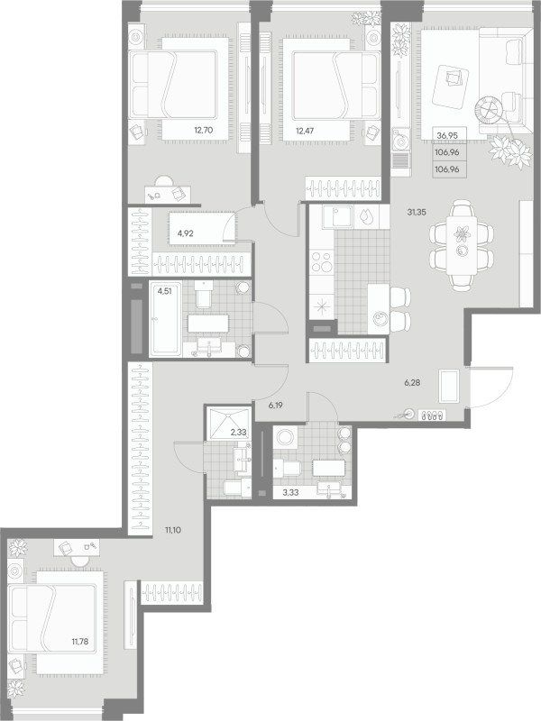 4-комнатная (Евро) квартира, 106.96 м² - планировка, фото №1