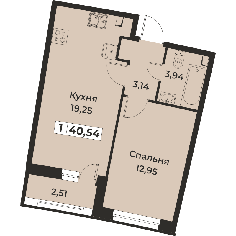 1-комнатная квартира, 40.54 м² - планировка, фото №1