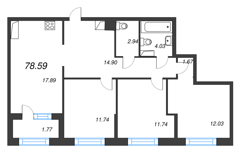 4-комнатная (Евро) квартира, 78.59 м² в ЖК "ORO by Akvilon" - планировка, фото №1