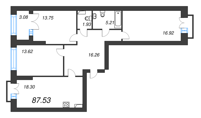 4-комнатная (Евро) квартира, 93.2 м² - планировка, фото №1