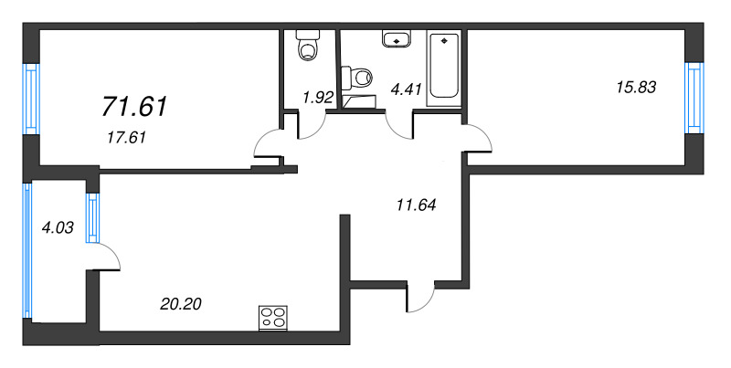 3-комнатная (Евро) квартира, 71.61 м² - планировка, фото №1