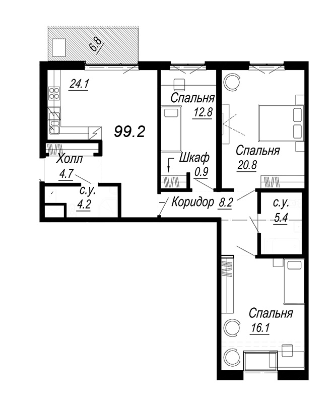 4-комнатная (Евро) квартира, 99 м² - планировка, фото №1