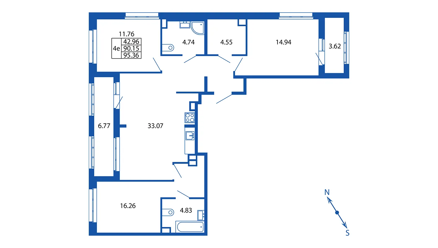 4-комнатная (Евро) квартира, 90.15 м² - планировка, фото №1