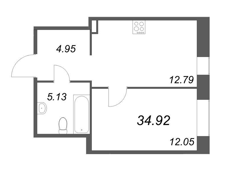 1-комнатная квартира, 34.92 м² в ЖК "ID Svetlanovskiy" - планировка, фото №1