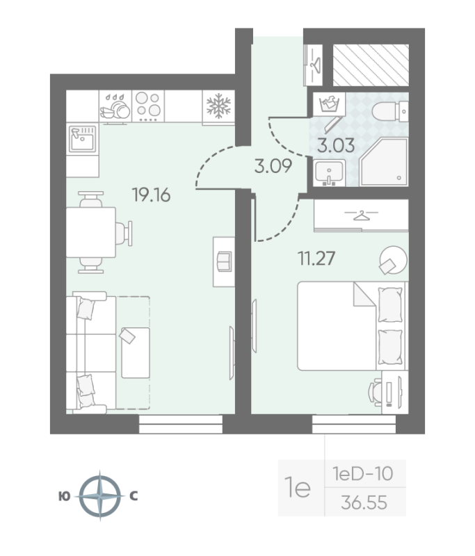 1-комнатная квартира, 36.55 м² в ЖК "Морская миля" - планировка, фото №1