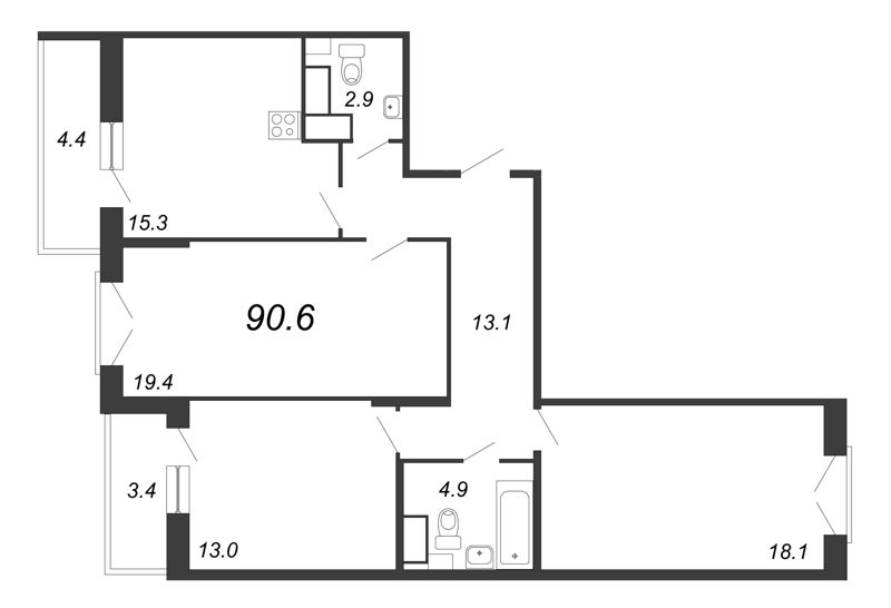 3-комнатная квартира, 92.3 м² - планировка, фото №1