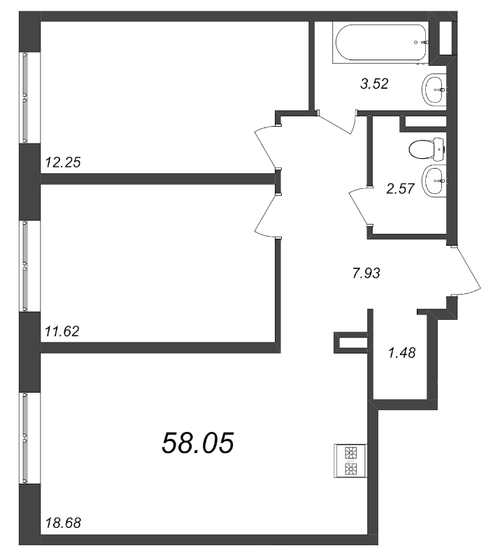 3-комнатная (Евро) квартира, 58.05 м² - планировка, фото №1
