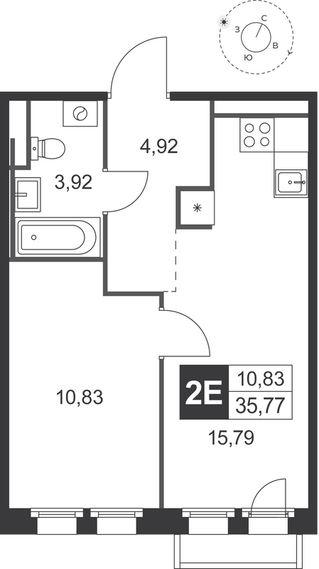 2-комнатная (Евро) квартира, 35.77 м² в ЖК "Слобода" - планировка, фото №1
