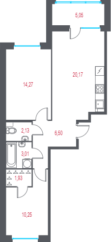 3-комнатная (Евро) квартира, 59.78 м² в ЖК "Город-спутник Южный" - планировка, фото №1