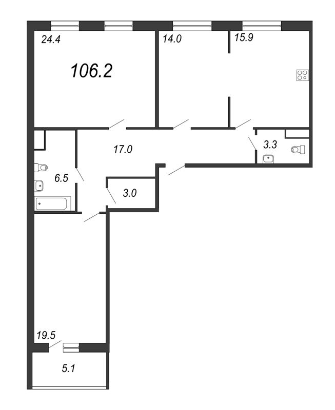 3-комнатная квартира, 106.2 м² - планировка, фото №1