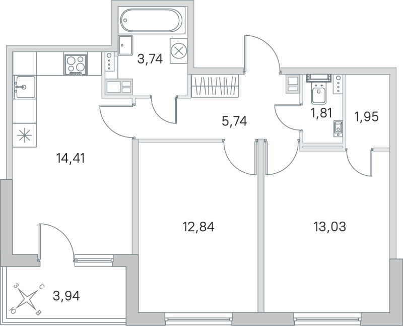 2-комнатная квартира, 53.52 м² в ЖК "Любоград" - планировка, фото №1