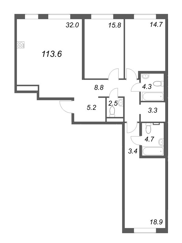 4-комнатная (Евро) квартира, 113.8 м² в ЖК "Визионер" - планировка, фото №1
