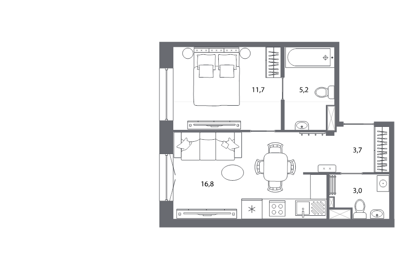 2-комнатная (Евро) квартира, 40.4 м² - планировка, фото №1