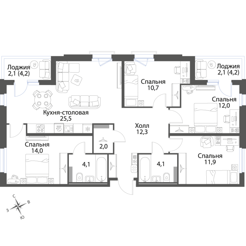 5-комнатная (Евро) квартира, 100.8 м² в ЖК "Экография" - планировка, фото №1